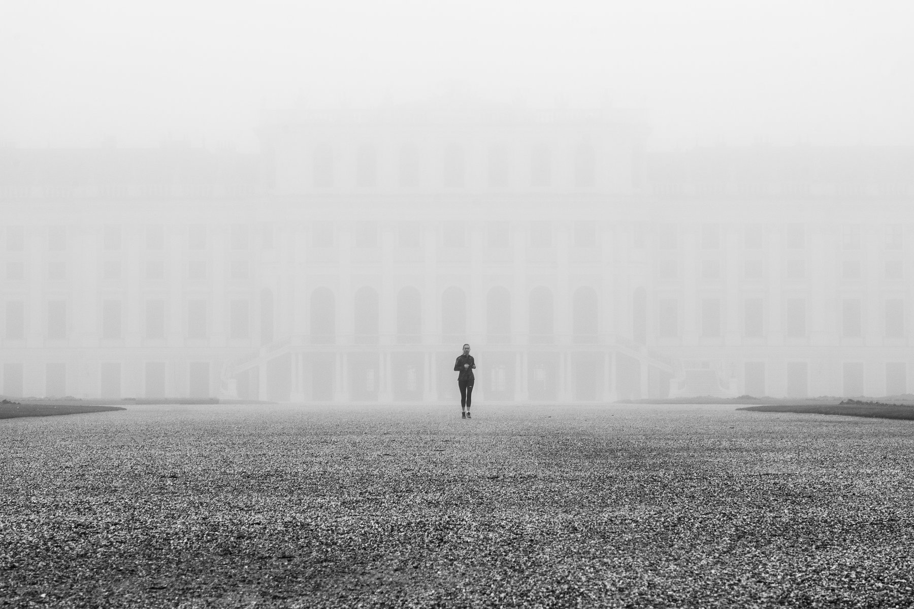 Joggerin vor dem im Nebel verschwimmenden Schloss Schönbrunn